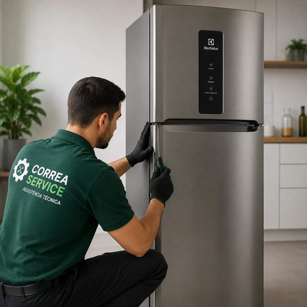 Técnico realizando serviço em geladeira Electrolux