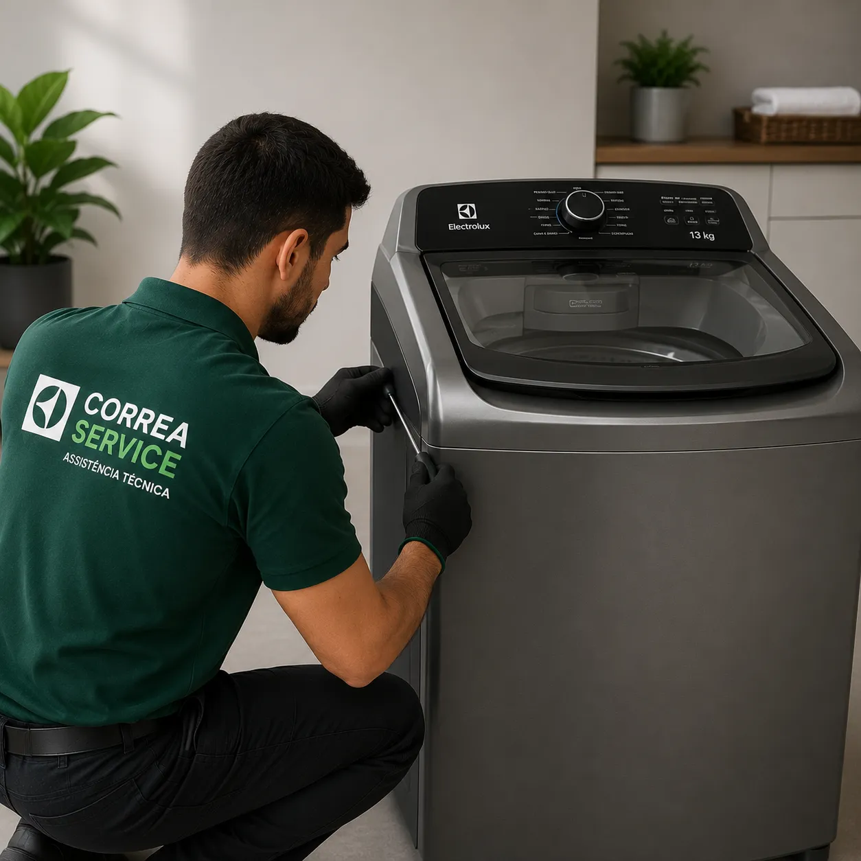Técnico realizando atendimento em máquina de lavar