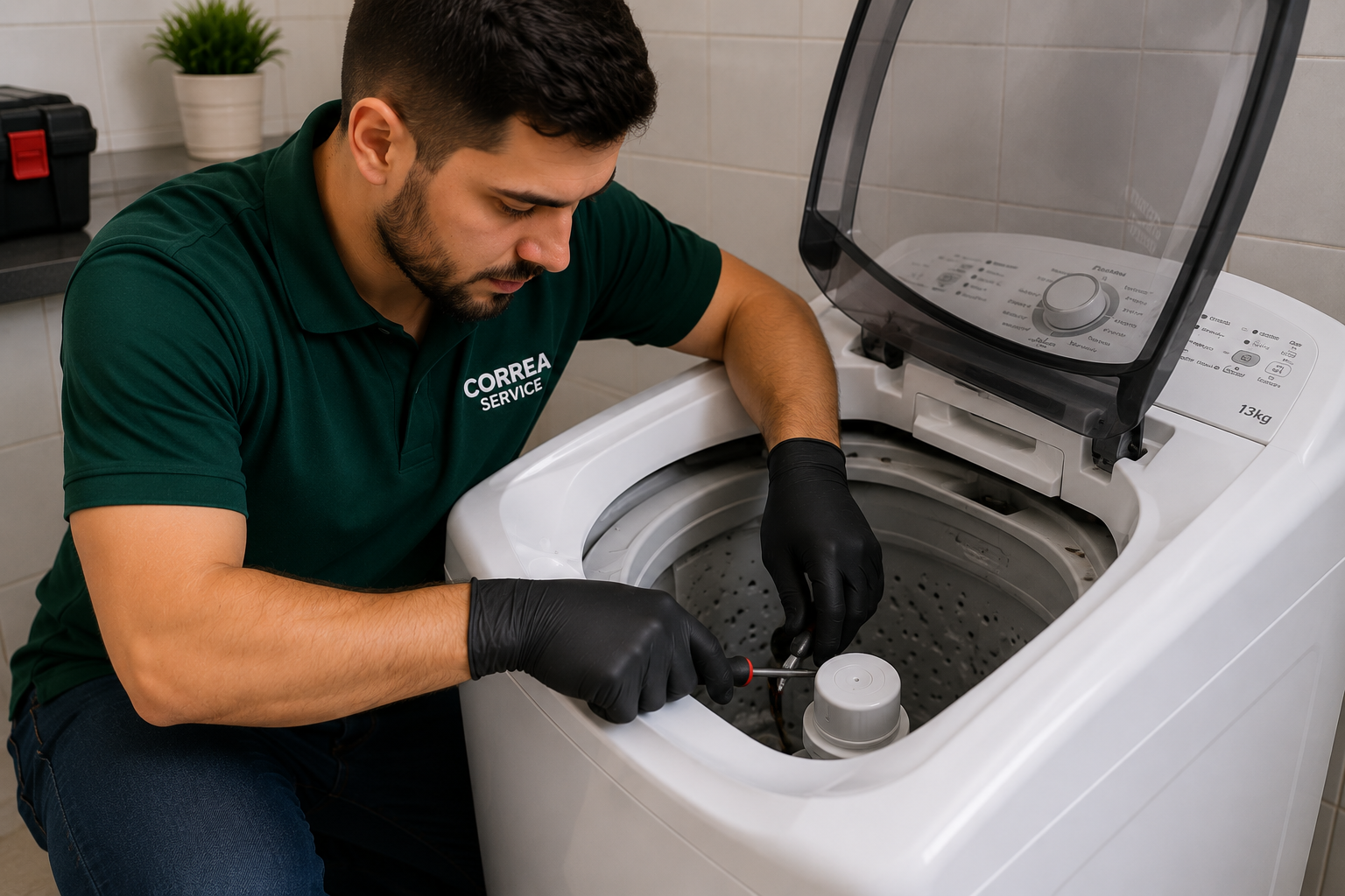 Técnico realizando diagnóstico em máquina de lavar