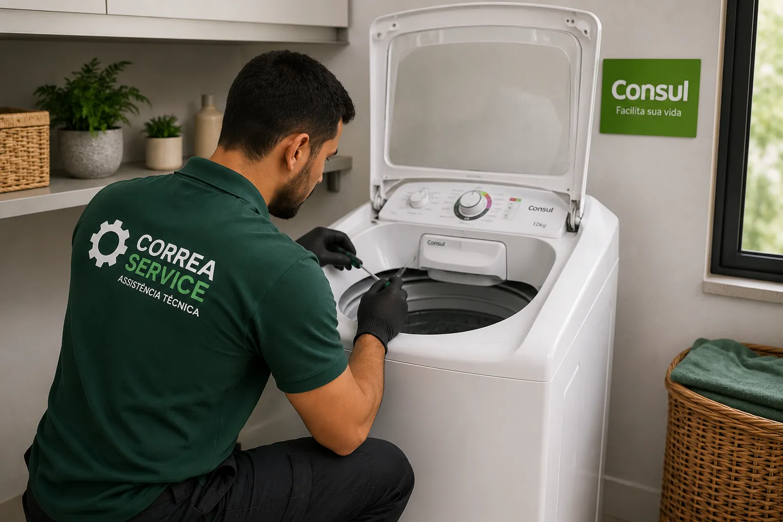 Técnico realizando conserto de máquina de lavar Consul