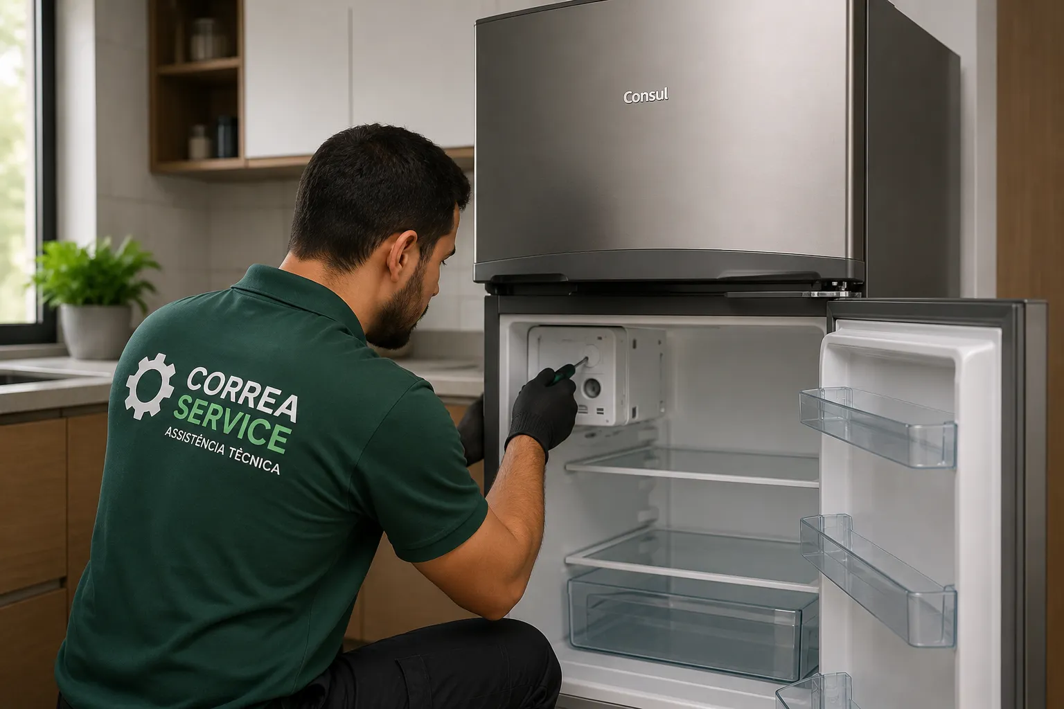 Técnico realizando conserto de geladeira Consul