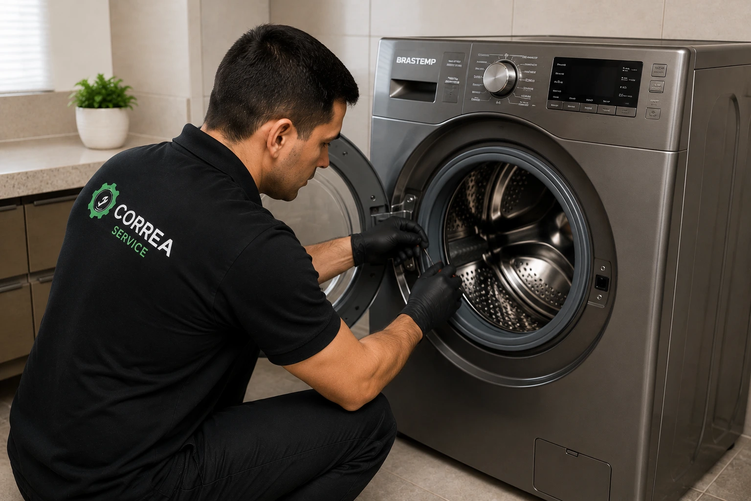 Técnico realizando conserto de lava e seca Brastemp