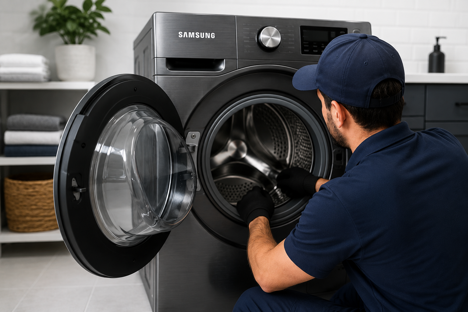Técnico realizando manutenção em lava e seca Samsung