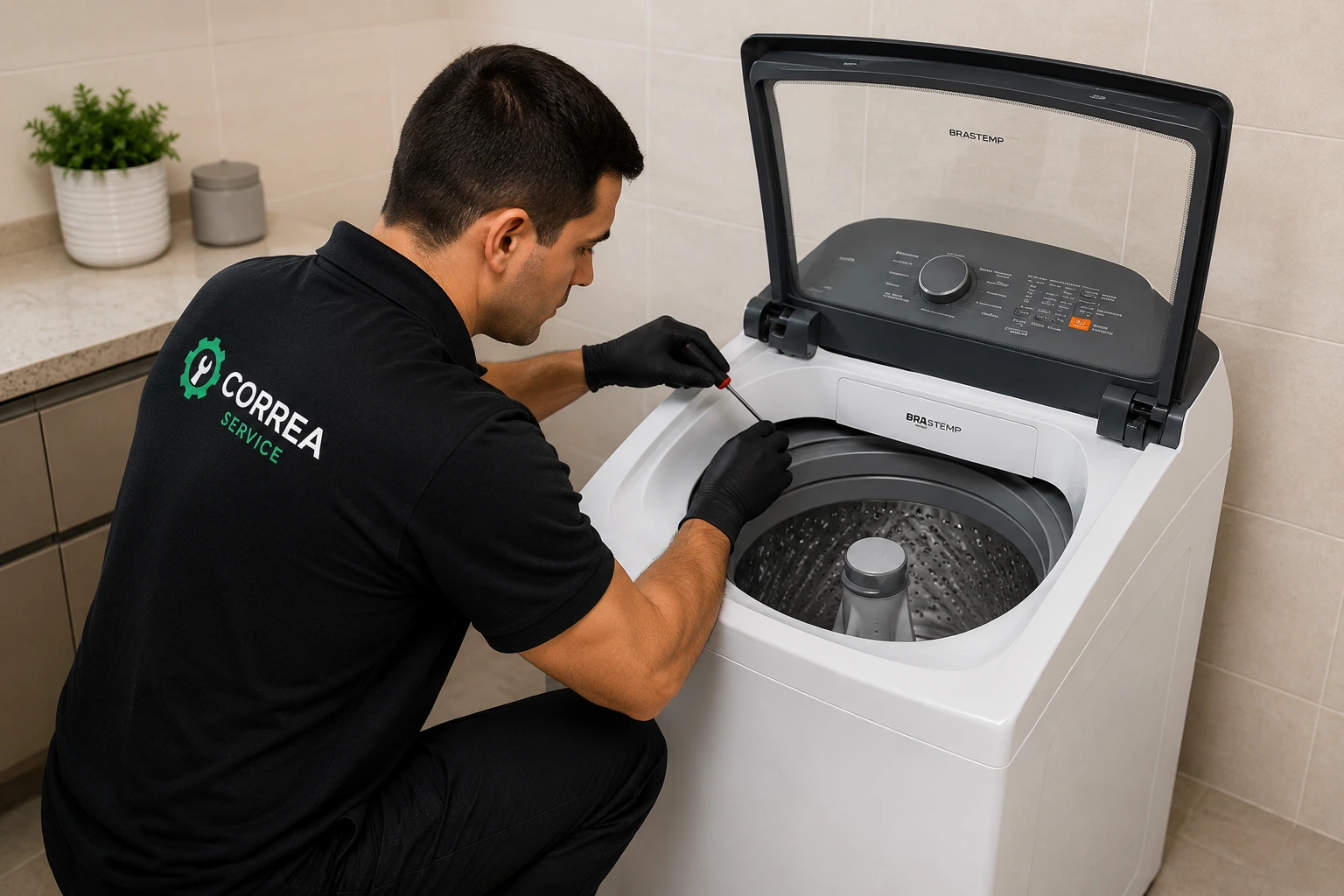 Técnico realizando conserto de máquina de lavar Brastemp